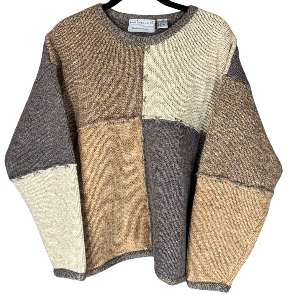 Northern Isles 100% Wool Chunky Neutral Sweater Hand Embroidered Women's Large